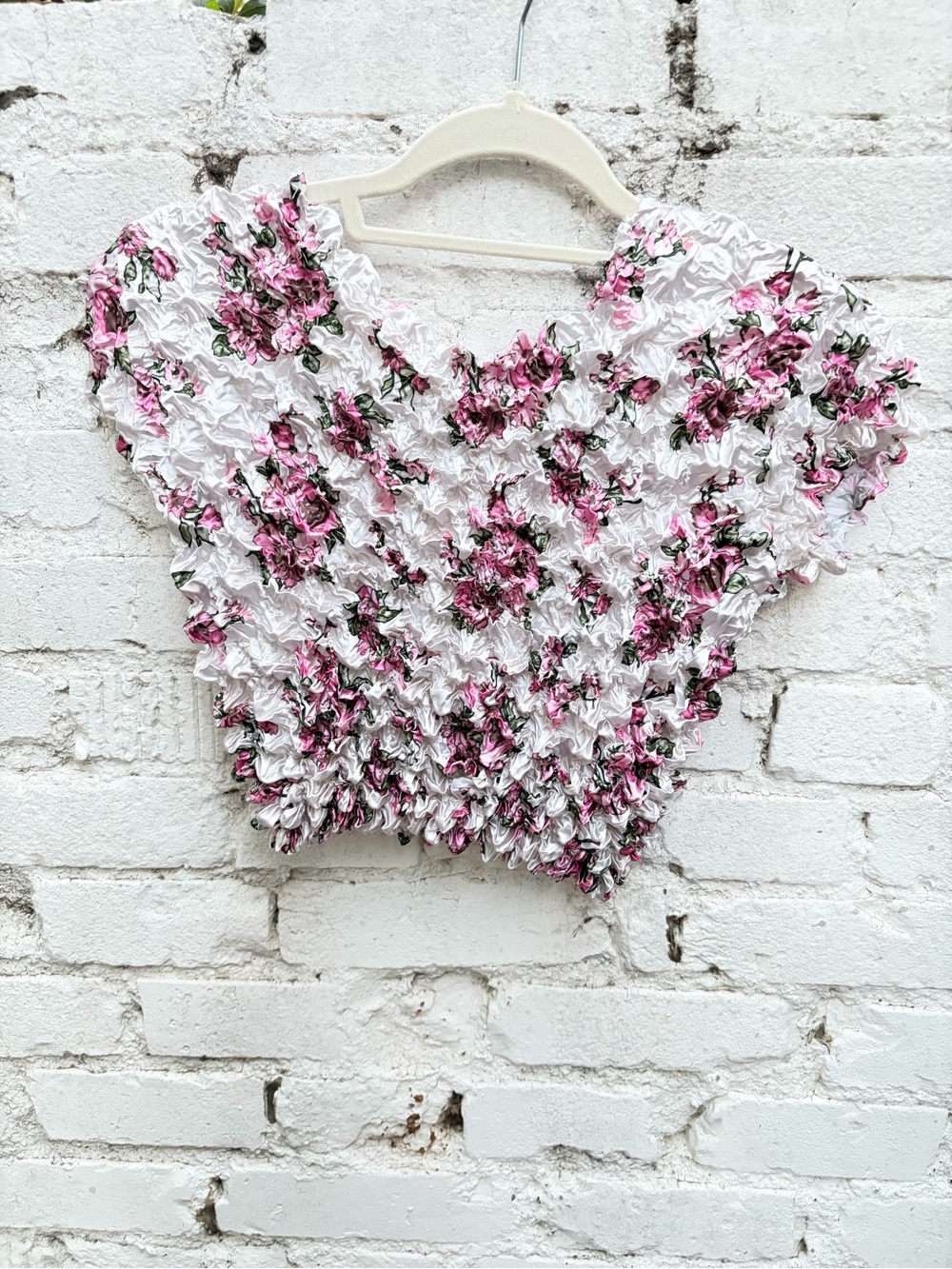Smocked White Crop Top with Pink Floral Accents - Picture 2 of 2